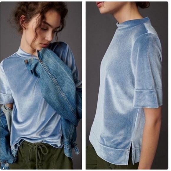 Anthropologie Krisha Blouse Top Velvet Mock Neck Short Sleeve Slate Blue Size L - Picture 2 of 16